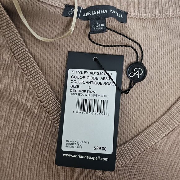 Adrianna Papell Large Antique Rose Long Sequin Sleeve V-Neck Sweater New $89 - Picture 4 of 10